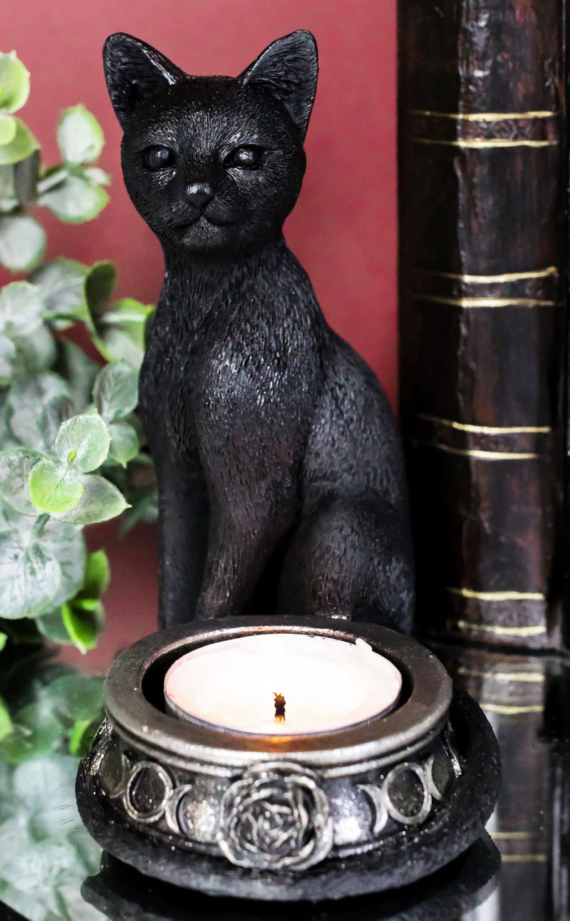 Wicca Gothic Black Cat With Triple Moon Rose Tea Light Votive Candle Holder