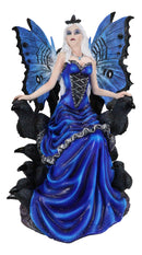 Gothic Raven Crow Fairy Queen in Blue Gown Sitting On Throne of Crows Statue