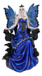 Gothic Raven Crow Fairy Queen in Blue Gown Sitting On Throne of Crows Statue