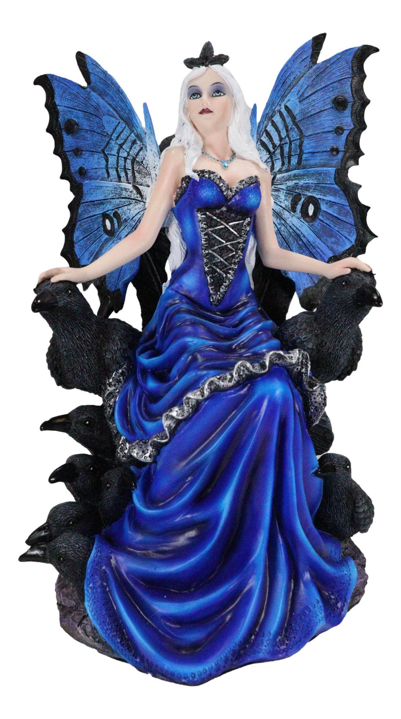 Gothic Raven Crow Fairy Queen in Blue Gown Sitting On Throne of Crows Statue