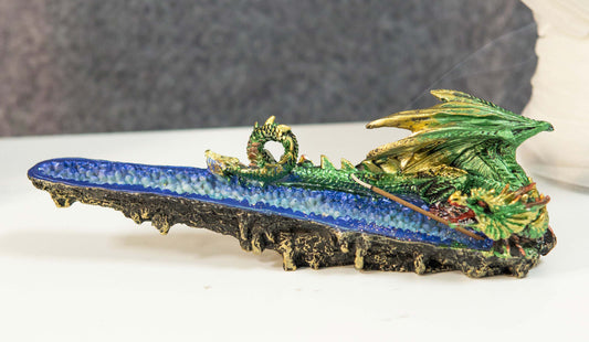 Ebros Green Jade Dragon Guarding Blue Quartz Crystal Quarry River Incense Burner - Ebros Gift