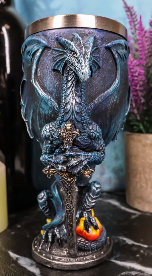 Blue Divine Fire Winged Dragon With Excalibur Sword Wine Goblet Chalice Cup 7oz - Ebros Gift