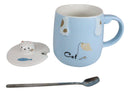 Pack Of 2 Blue Calico Cat Catching Fish Tea Coffee Mug With Lid And Spoon 15oz