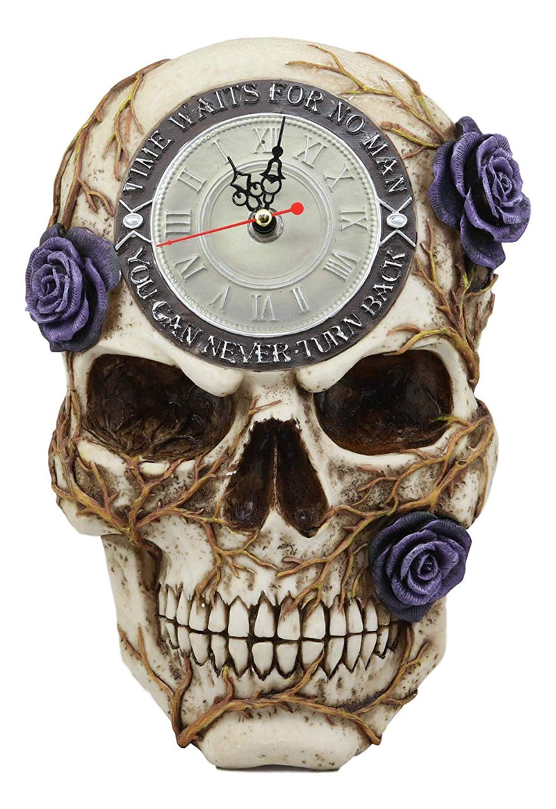 Ebros Decorative Gothic Macabre Grinning Skull with Purple Rose Vines Reverse Wall Clock with Roman Numerals Figurine 10.5" H Never Turn Back Time Ossuary Day of The Dead Halloween Spooky Collectible