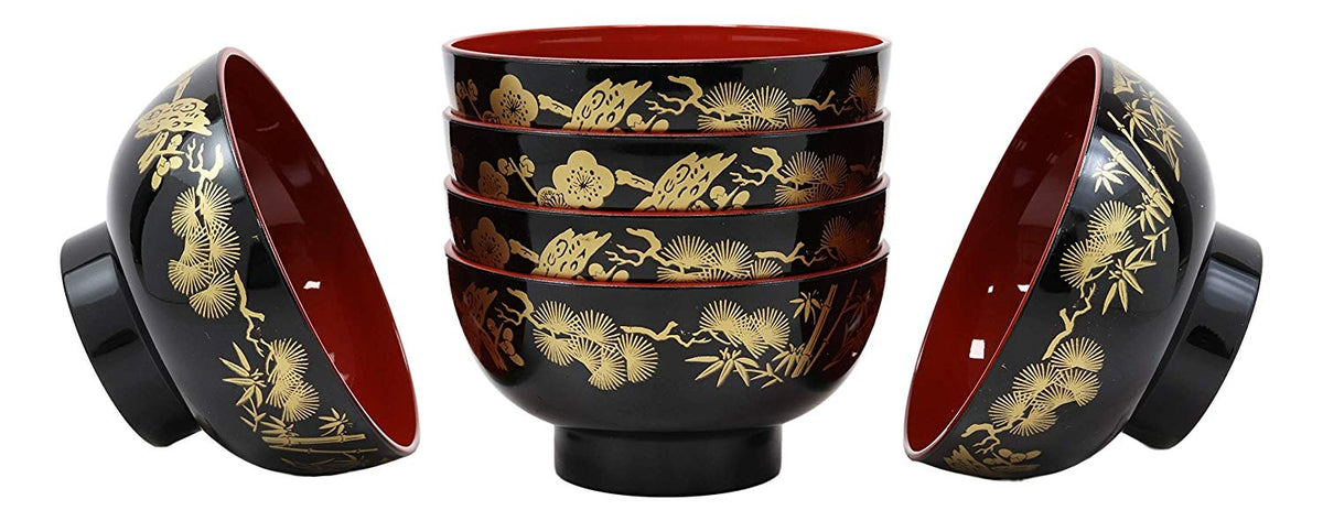 Ebros Made In Japan Black Red And Royal Gold Lacquer Copolymer Bowl 8oz Set Of 6