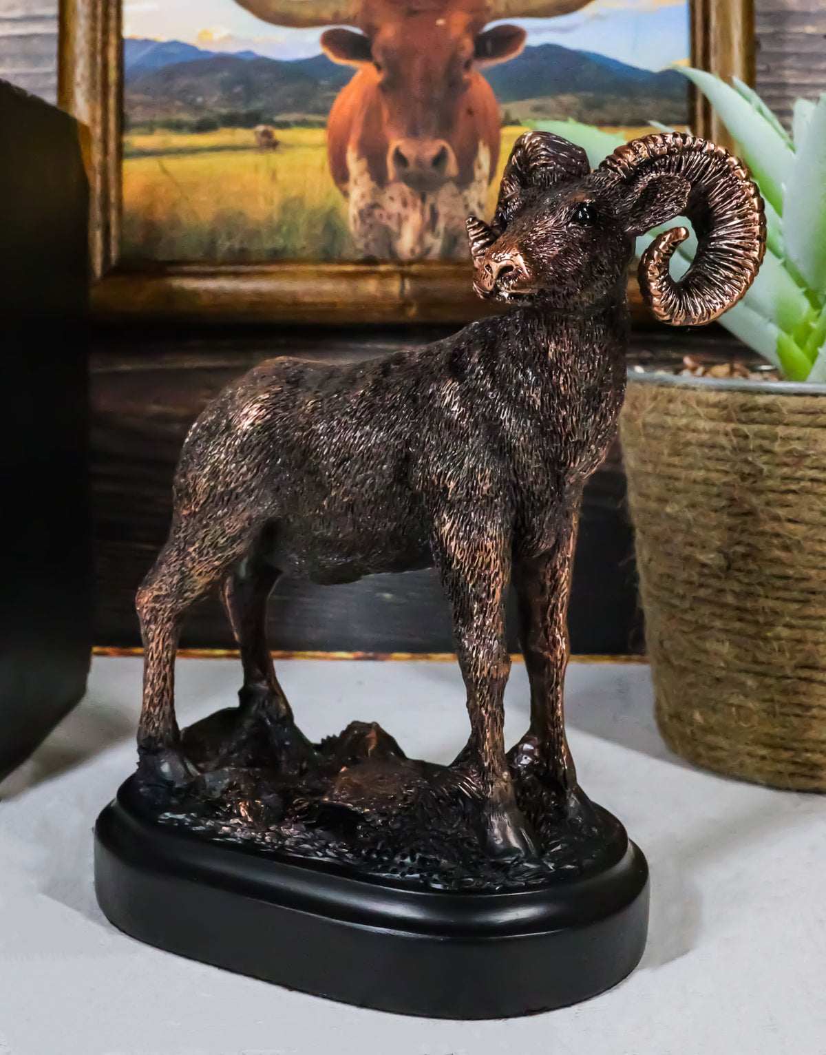 Wildlife Animal Taxidermy Bighorn Sheep Ram On Grassland Figurine With Base