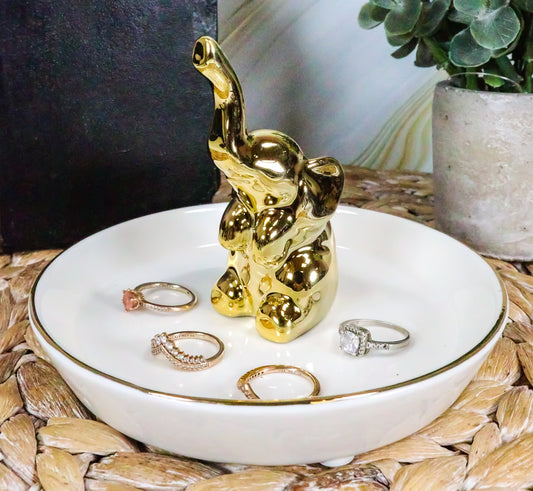 Ebros Gold Plated Elephant Ceramic Jewelry Holder Pachyderm Vanity Ring 5.25"D - Ebros Gift
