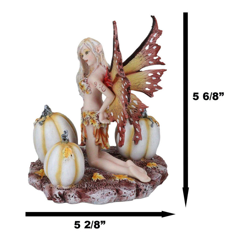 Ebros Amy Brown Autumn Maple Elf Fairy with White Pumpkins Statue 5" Long