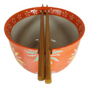 Japanese Design Ceramic Ramen Noodles Bowl Chopsticks Set Orange Flower Blossoms