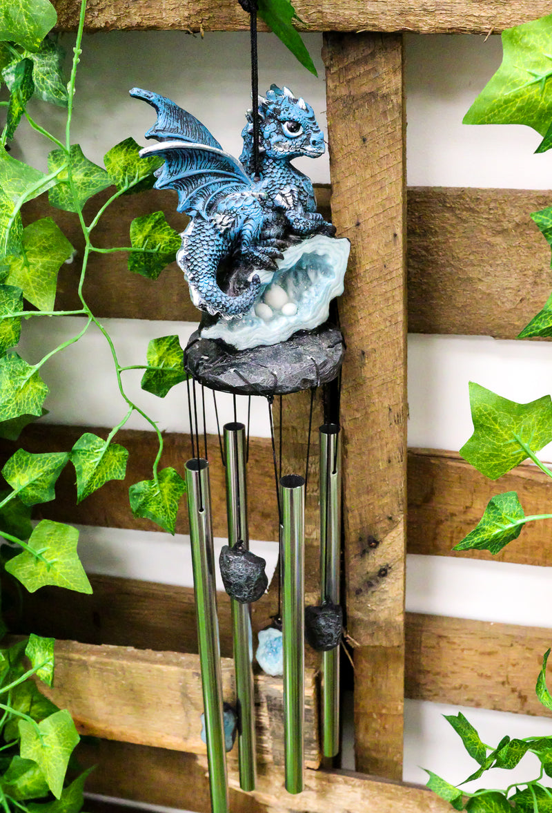 Ebros Blue Dragon Guarding Crystal Crown Top Resonant Wind Chime with Ornaments