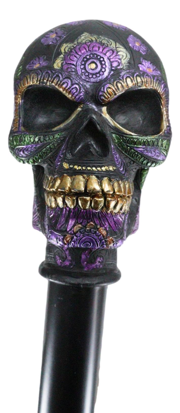 Gothic Day of The Dead Black Floral Sugar Skull Decorative Walking Cane 36"L