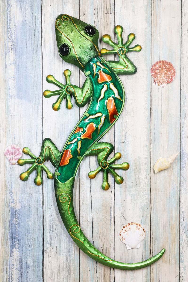 Ebros Crawling Green Vibrant Colors Metal Lizard Gecko 3D Wall Decor Art 18.5"L