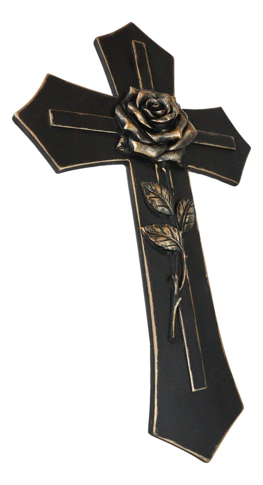 Western Black and Bronze Blooming Rose Stalk Petals Cross Wall Crucifix Plaque