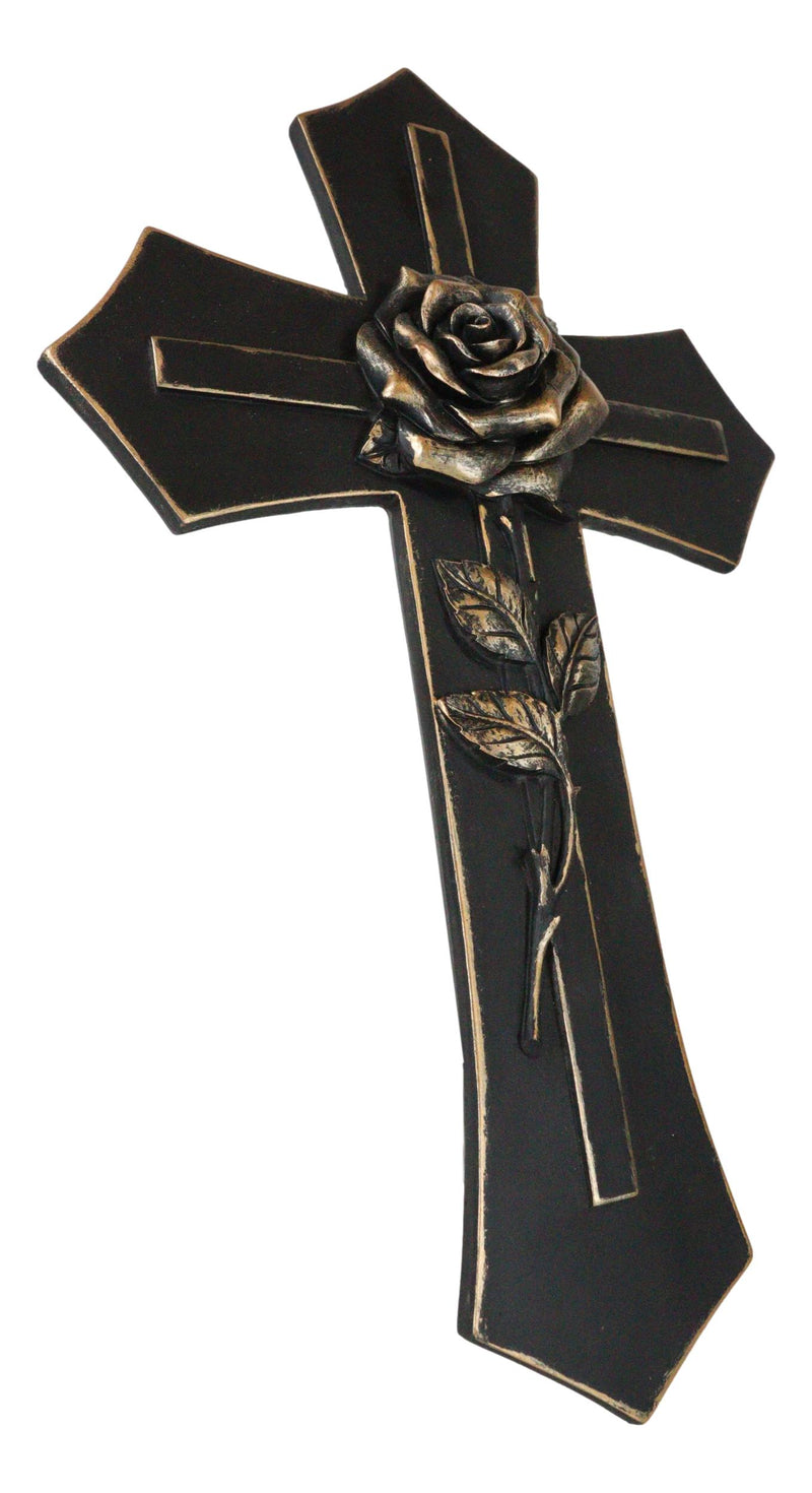 Western Black and Bronze Blooming Rose Stalk Petals Cross Wall Crucifix Plaque