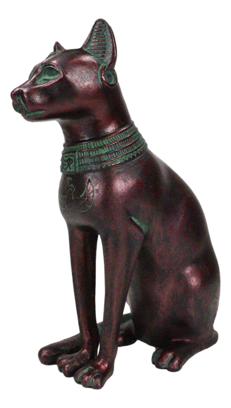 Egyptian Goddess Bastet Cat Sitting Figurine In Rustic Aged Bronze Patina Finish