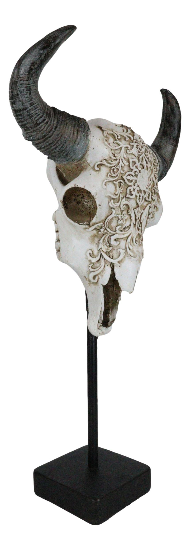 Rustic Tooled Floral Lace Bull Cow Steer Head Skull Sculpture On Pole Display
