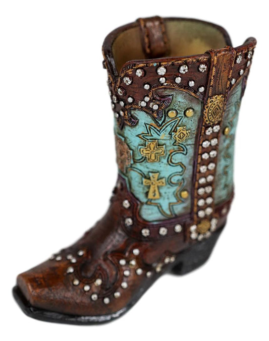 Ebros Set of 2 Western Cowboy Turquoise Boots Make Up Tools Pencil Pen Holder Figurine
