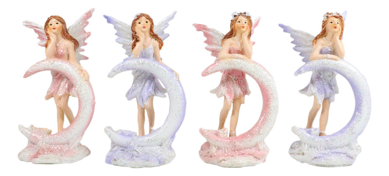 Ebros Set of 4 Colorful Pink and Purple Enchanted Crescent Moon Fairy Mini Figurines