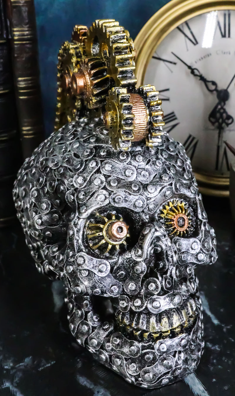 Geared Mohawk Steampunk Cyborg Robot Biker Skull With Motorcycle Chains Figurine