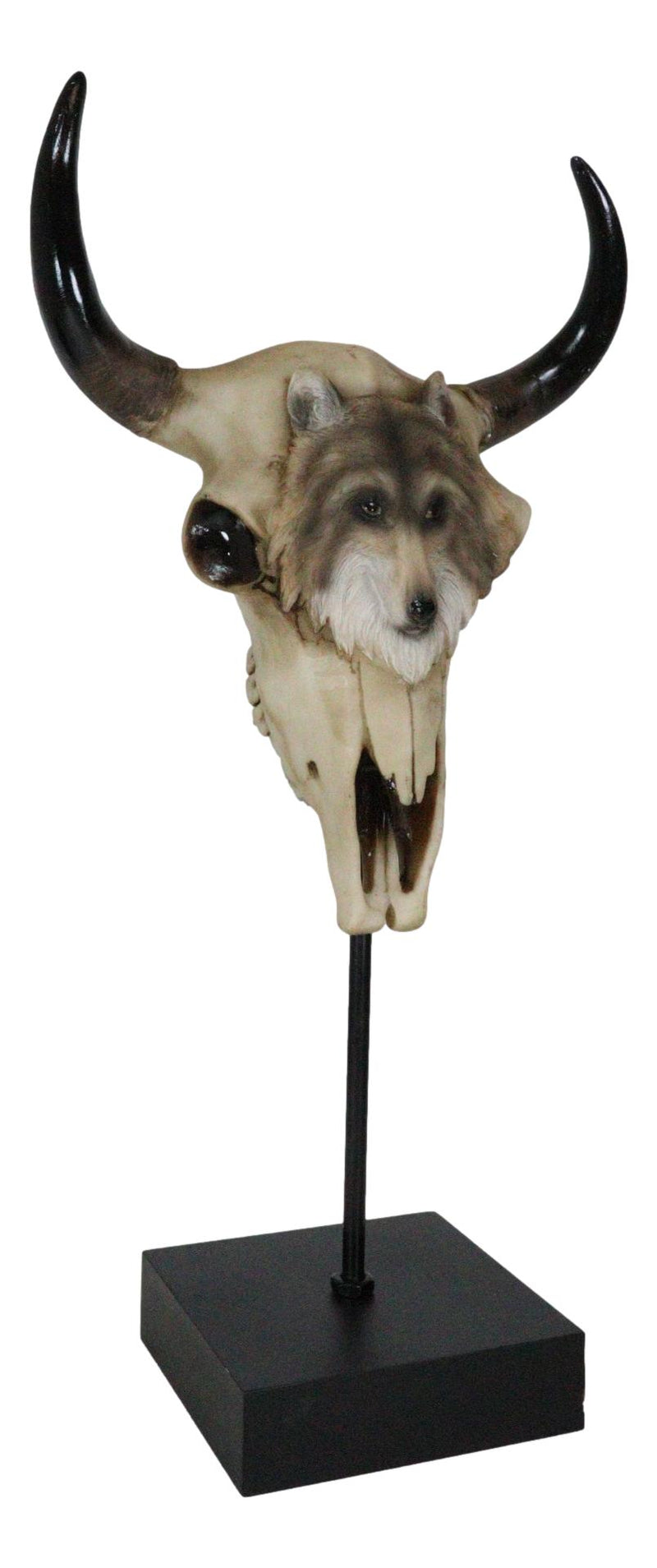 Large Alpha Wolf Spirit Totem On Buffalo Bull Skull Stake Statue 17.5"Tall
