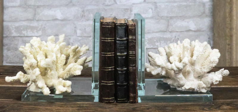 Nautical Coastal Marine White Sea Finger Corals Acrylic Glass Bookends Set