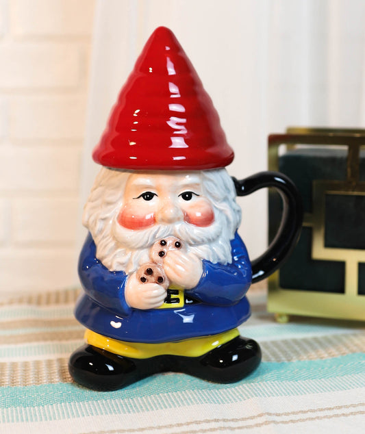 Ebros Mr Gnome Eating Cookie Lidded Ceramic Mug Coffee Cup Home Kitchen Decor - Ebros Gift
