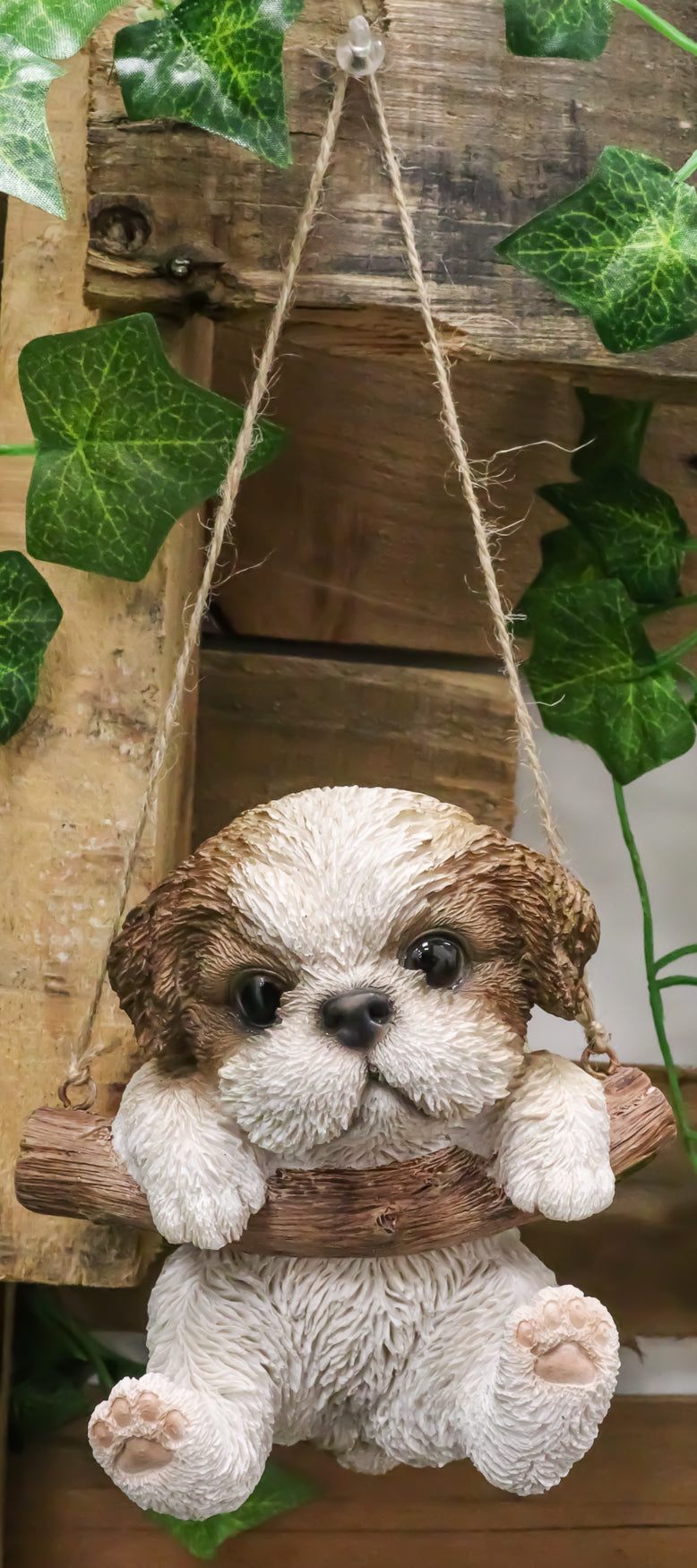 Lifelike Teacup Shih Tzu Puppy Macrame Branch Hanger 5.25"Tall With Jute Strings