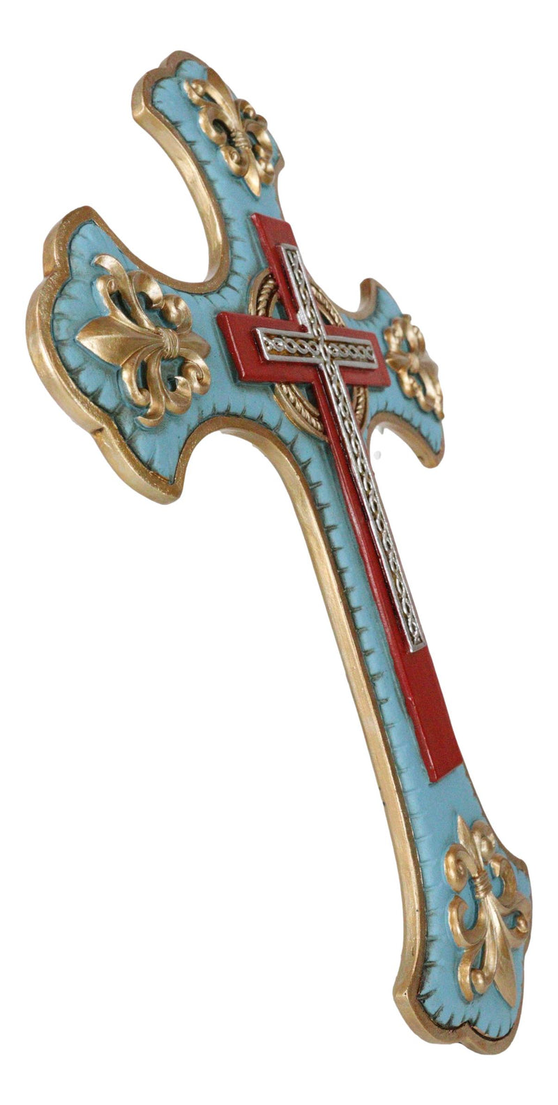 Southwestern Rich Turquoise Gold Tuscan French Fleur De Lis Wall Crucifix Cross