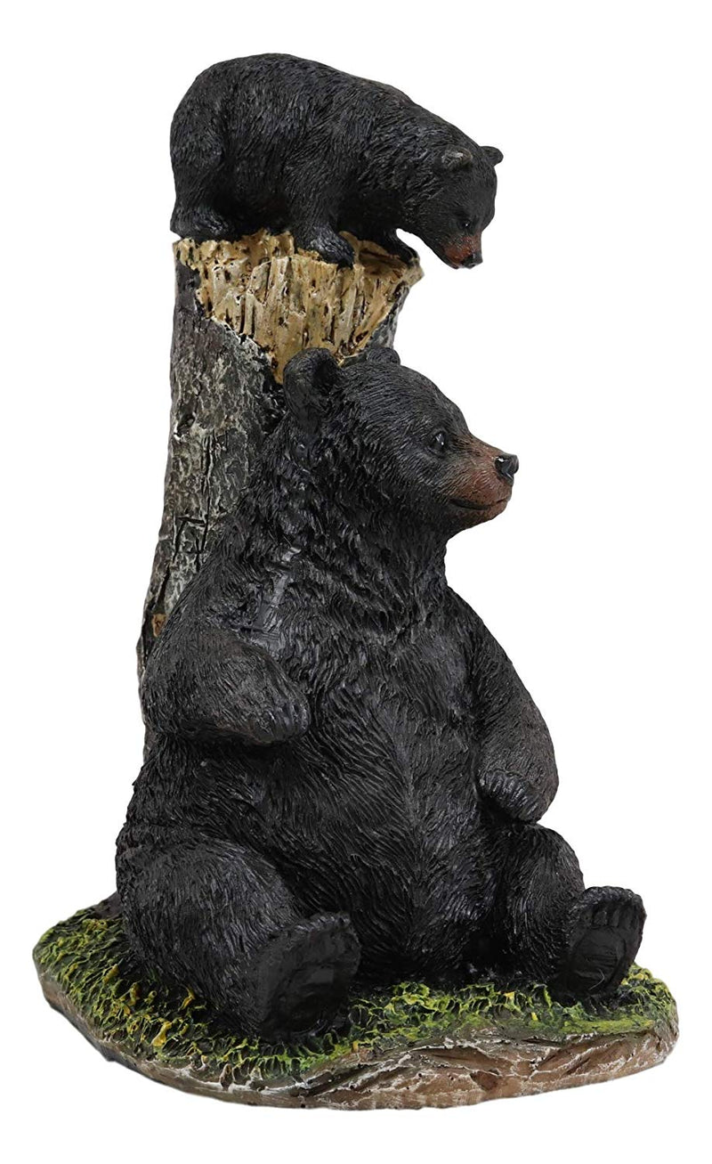 Ebros 7.5"H Rustic Forest Mother Black Bear With 2 Playful Cubs By Tree Stump Statue