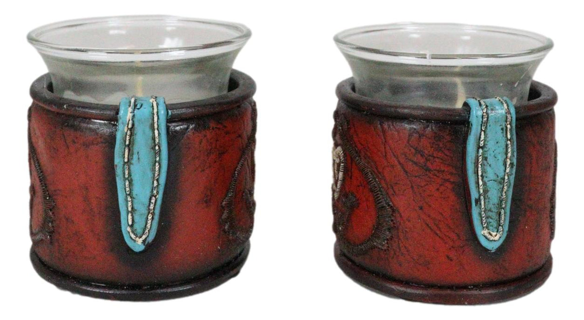 Set Of 2 Western Cowgirl Love Heart Scrollwork Faux Leather Votive Candle Holder