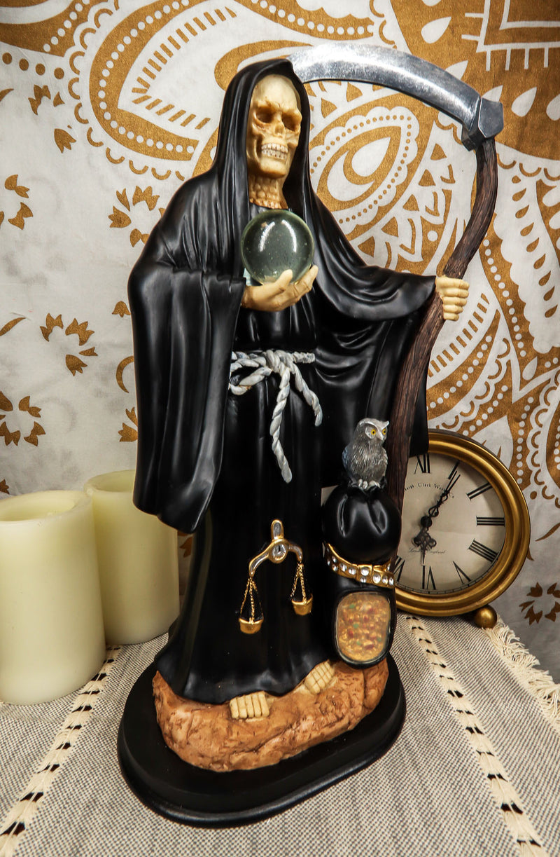 Ebros Gift Large 16.75" Tall Holy Death Santa Muerte Holding Scythe, Glass Globe with Scales of Justice and Owl in Tunic Robe Statue Figurine (White) (BLACK) - Ebros Gift