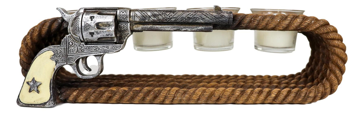 Ebros Western Cowboy Ropes And Revolver Pistol Double Votive Tea Light Candle Holder