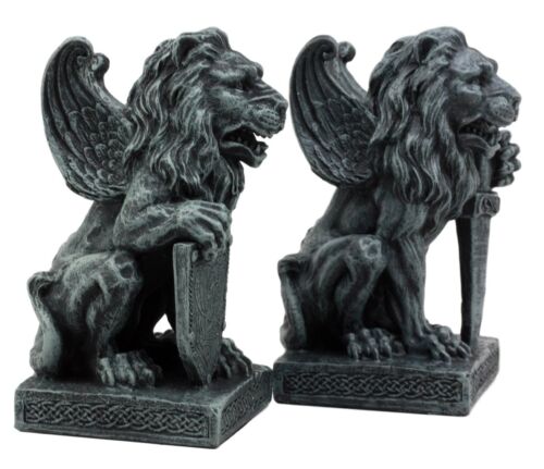 Ebros Stoic Notre Dame Roaring Lion Heart Sword & Shield Bearer Gargoyle Figurine Set