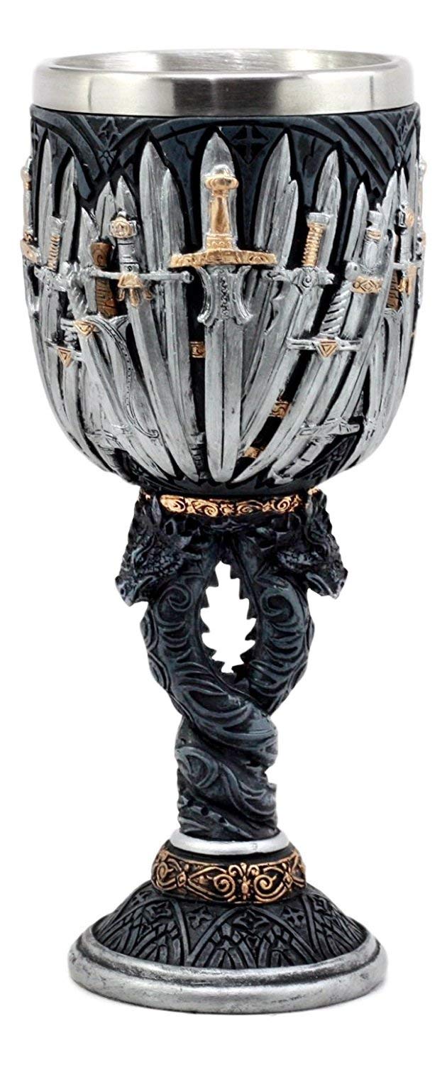Ebros Set of 2 Medieval Iron Throne Of Valyrian Steel Blade Swords Armory Goblet