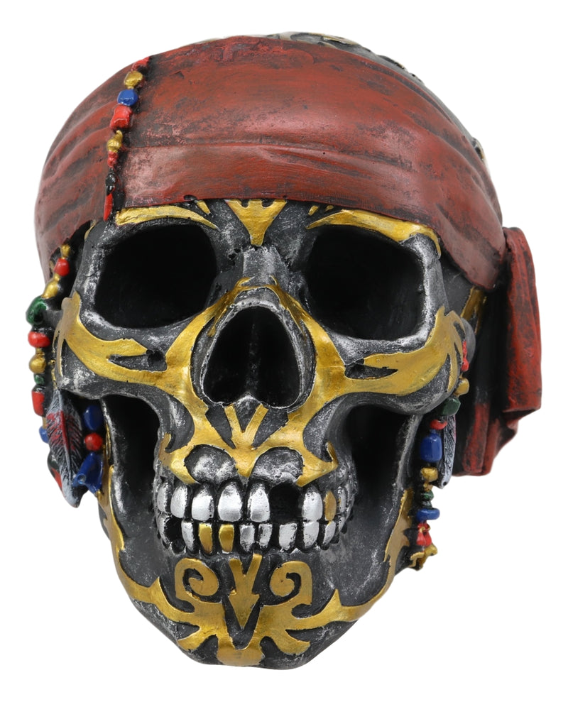 Ebros Tribal Gold Tattoo Pirate Skull With Red Bandana Statue Halloween Decor