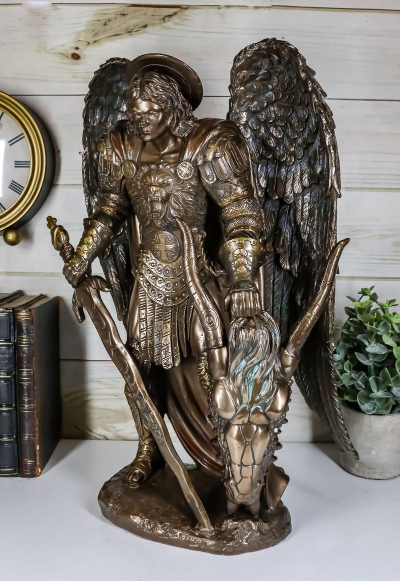 Large Archangel Saint Michael Holding Satan Dragon Lucifer Head Statue 15.5"H