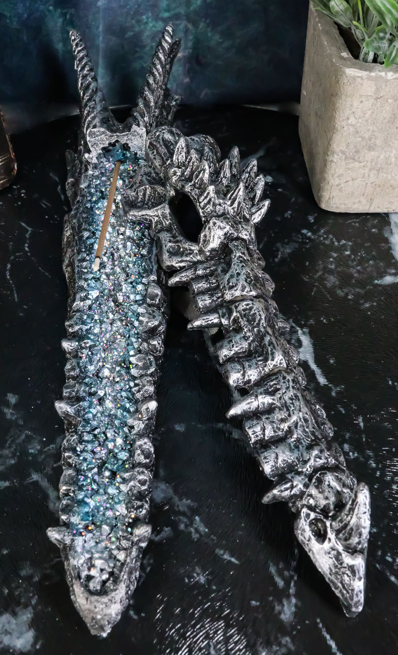 Dark Silver Dragon Fossil Skull Skeleton Incense Burner Box With Faux Crystals