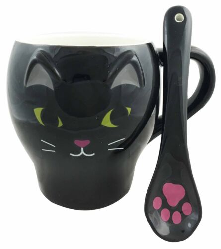 Feline Black Kitty Cat Ceramic Mug Coffee Cup With Spoon Home & Kitchen 12oz