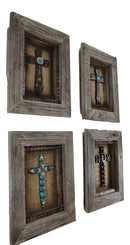 Pack of 4 Rustic Western Turquoise Gems Horseshoe Cross Wood Framed Wall Decors
