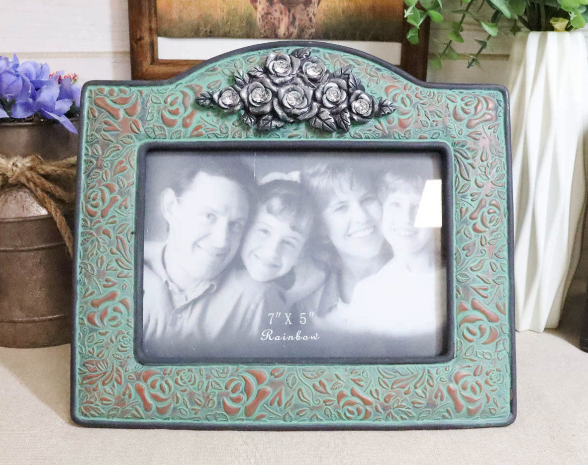 Western Silver Roses Turquoise Faux Tooled Leather Picture Photo Frame 5"X7"