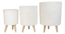 Set of 3 Contemporary White Fiber Clay Cylindrical Planter Pots With Wooden Feet