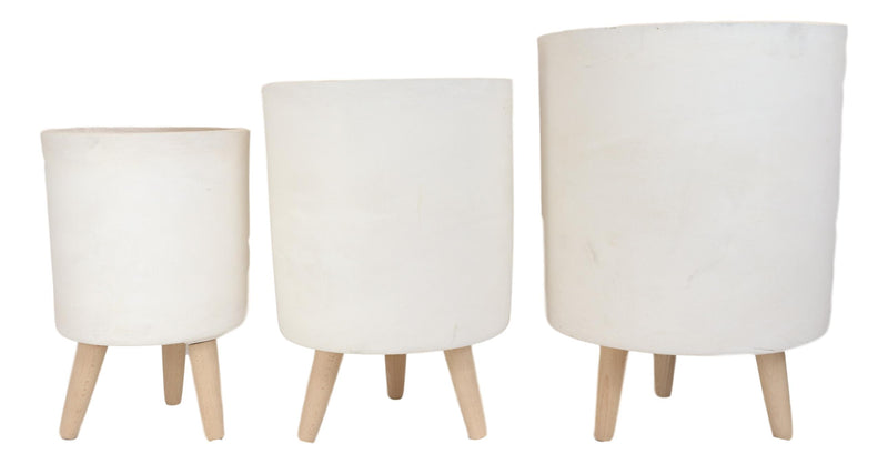 Set of 3 Contemporary White Fiber Clay Cylindrical Planter Pots With Wooden Feet