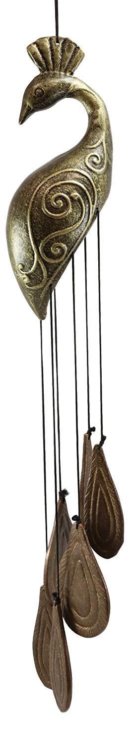 Ebros Aluminum and Brass Peacock Bird with Train Feathers Ornaments Wind Chime