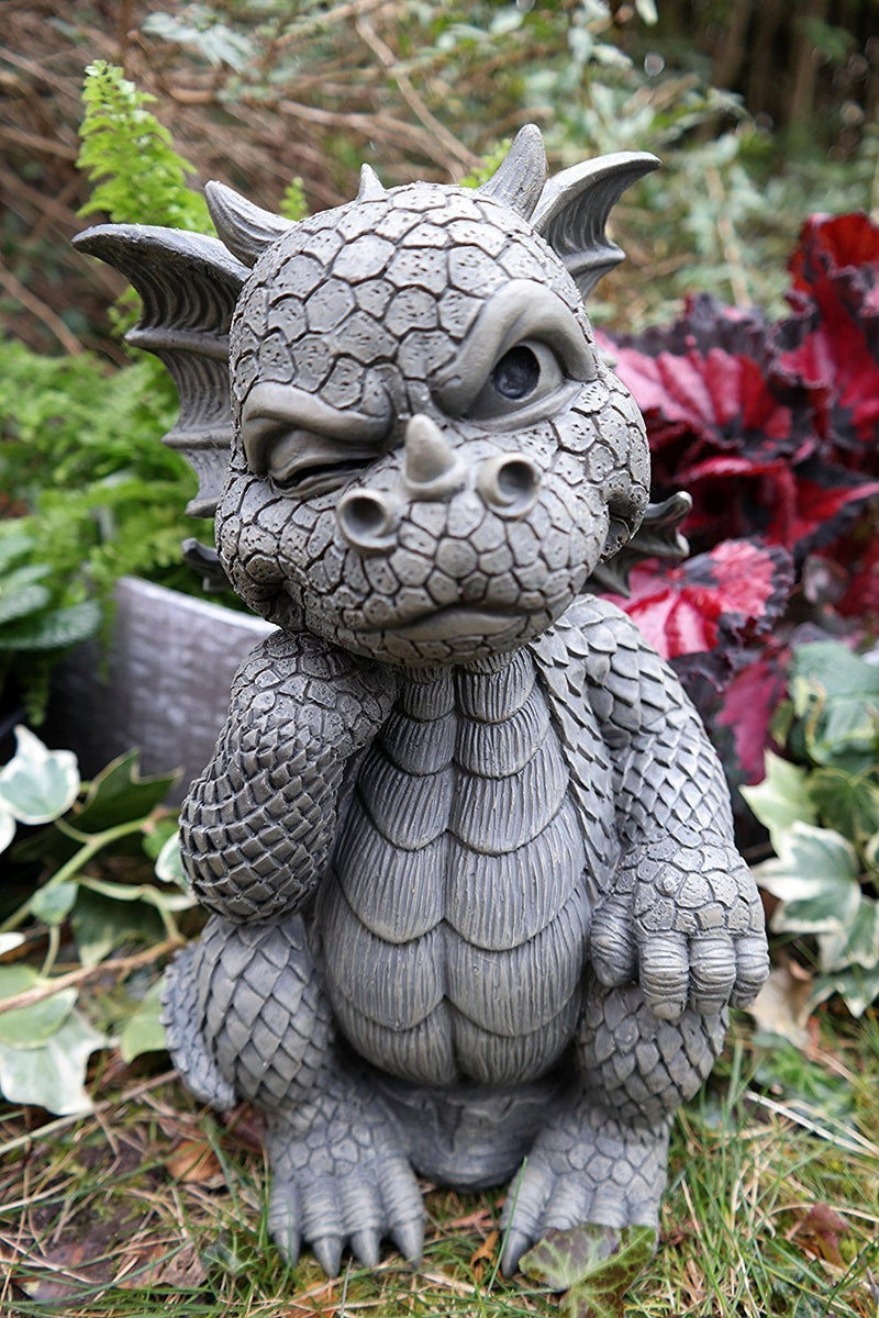 Ebros The Thinker Whimsical Garden Dragon Statue 10"H Cute Baby Dragon Winking Eye