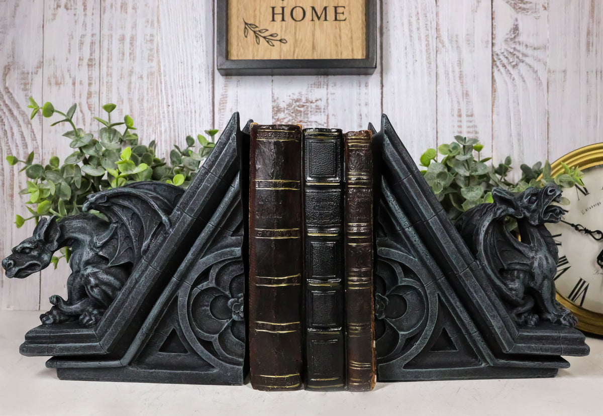 Ebros Gothic Roaring Gargoyles On Rooftop Sculptural Bookends Set 7" High Decor - Ebros Gift