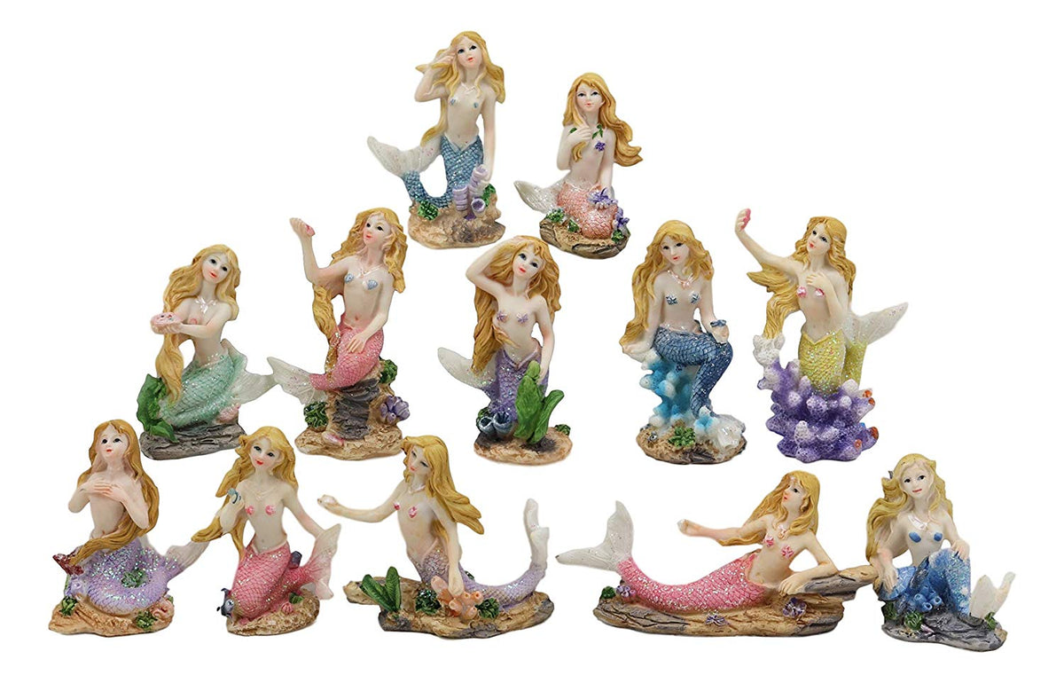 Ebros 12.25" Wide Colorful Nautical Ocean Giant Clam Shell of The Coral Reefs Display Stand with 12 Miniature Mermaids Figurine Set Fantasy Mermaid Mergirls - Ebros Gift