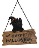 Black Cat With Witch Hat And Happy Halloween Sign Wall Ceiling Hanger Figurine