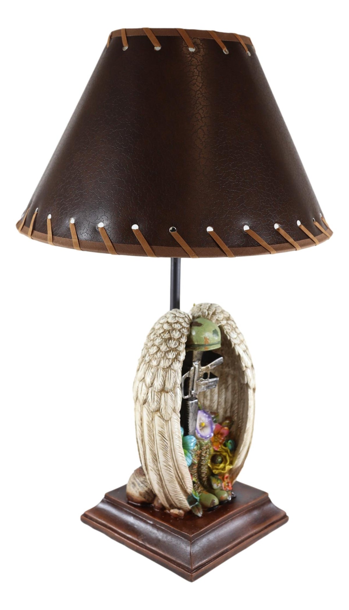 Patriotic Angel Winged Helmet Rifle Boots And Succulents Memorial Table Lamp