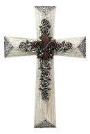 Ebros Gift Rustic Southwest Fleur De Lis with Silver Roses of Sharon and Scroll Art Wall Cross Decor Plaque Vintage Design Hanging Sculpture 13.5" High Decorative Crosses