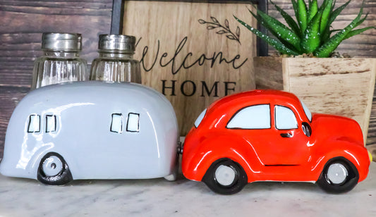 Kissing Red Vintage Car And Grey Camper Trailer Magnetic Salt And Pepper Shakers - Ebros Gift